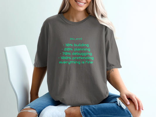 Gray t-shirt with "miu_arch" and humorous programming statistics.