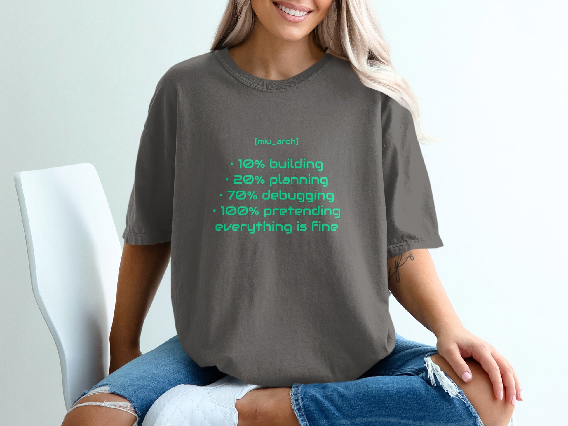 Gray t-shirt with "miu_arch" and humorous programming statistics.